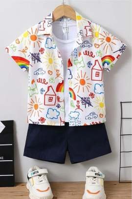 Cotton Half Sleeves Tee With Shorts Set Rainbow  Print Cloth