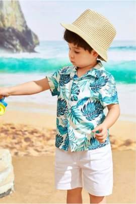 Cranes Printed Shirt with Woven Shorts Fancy Set Cloth