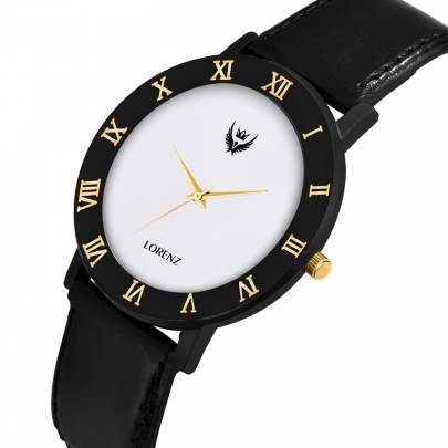 Lorenz Watch Black Leather Strap & White Roman Dial Analogue Watch for Men  Men's Watch