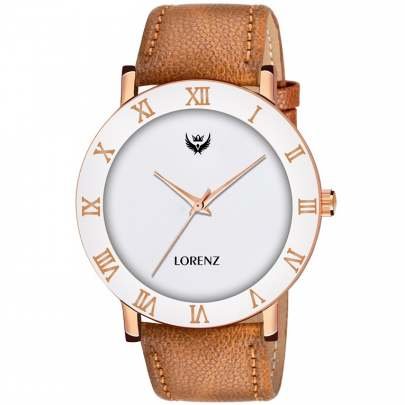 Lorenz Watch Brown Leather Strap & White Roman Dial Analogue Watch for Men