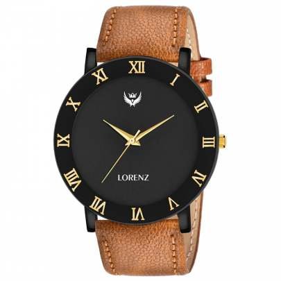 Lorenz Watch Brown Leather Strap & Black Roman Dial Analogue Watch for Men